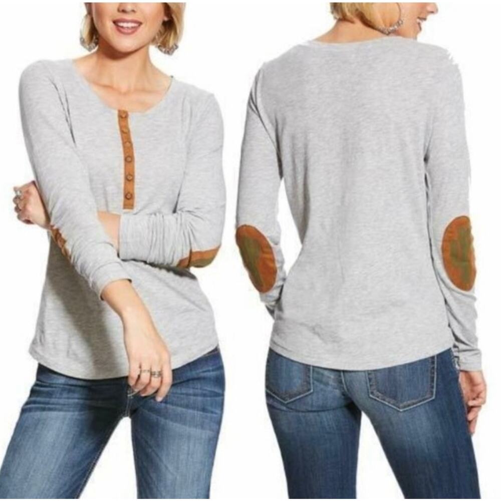 Ariat Henley Long Sleeve Tee Faux Suede Elbow Patches Womens XXL XL Heather Gray